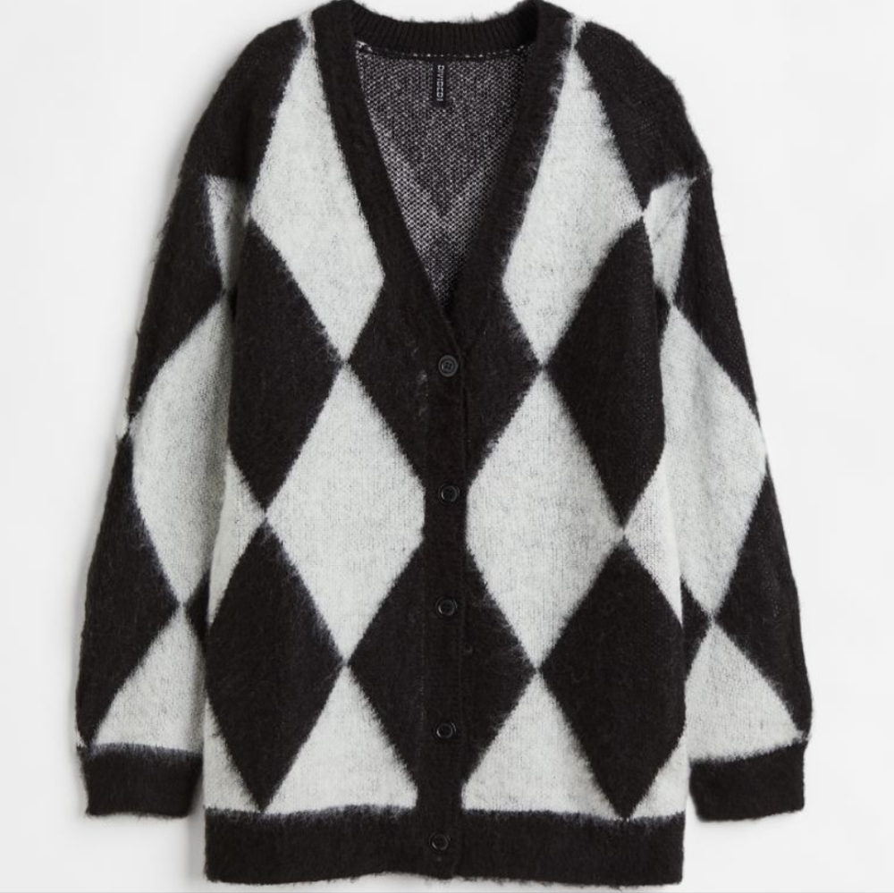 H&M Divided Black and White Diamond Harlequin Cardigan Sweater Oversized Small S